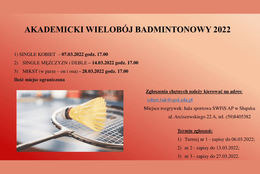 ZAPROSZENIE NA AKADEMICKI WIELOBÓJ BADMINTONOWY