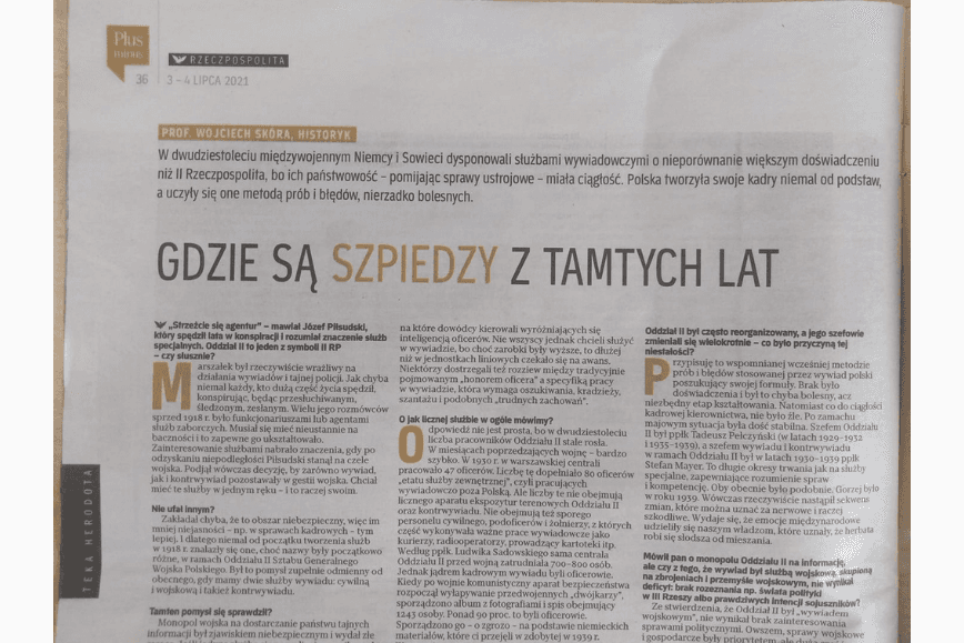 Dyrektor Instytutu Historii udzielił obszernej wypowiedzi „Rzeczpospolitej” o działaniach i problemach wywiadu wojskowego w Drugiej Rzeczypospolitej